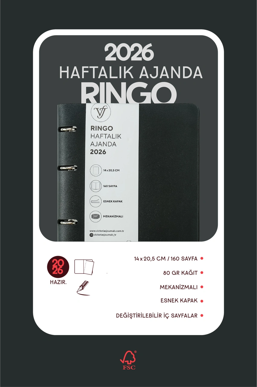Ringo 2026 Haftalık Ajanda A5 14x21cm Esnek Kapak Ivory 80gr. İçi Değişebilir Siyah