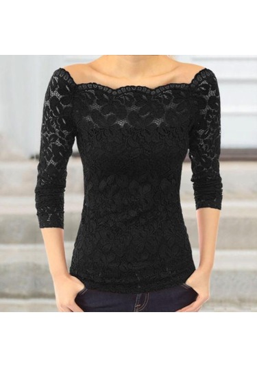 Kadın Üstler Eğik Yaka Uzun Kollu Dantel Gömlek Oyuk Dantel Eklemeli Düz Renk Dar Kesim Nakış Dantel Çiçekli Üstler Siyah