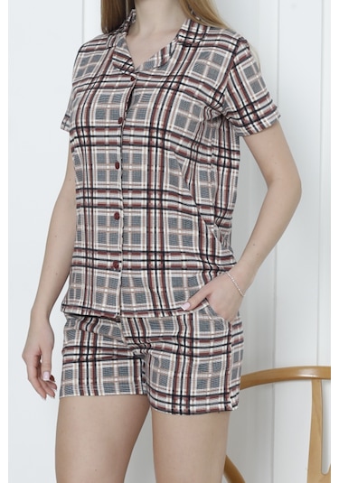 Kadın Düğmeli Şortlu Pijama Takımı Ekoseli Pamuklu Likralı Cepli Mürdüm Nıc1078 R14 Mürdüm