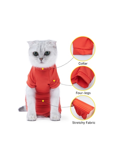 Geeksen Kedi Postoperatif Koruyucu Giysi - Dört Ayaklı, Esnek Kumaş, Yara Yalama Engeli - Turuncu, M Bedeni