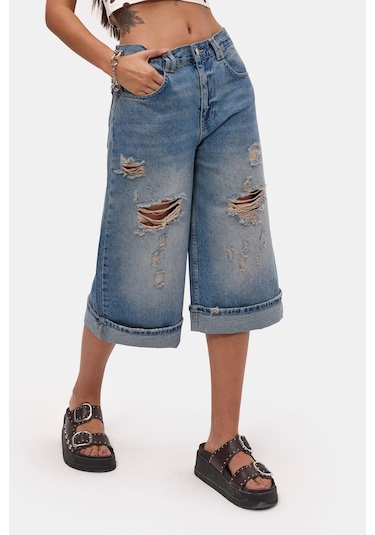 Itsbasic Kadın Kot Rengi 10s6-84 Yırtık Detaylı Maxi Bermuda Şort