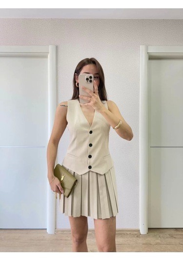 Keten Takım Görünümlü Düğme Detaylı Yelekli Mini Elbise - Bej Bej