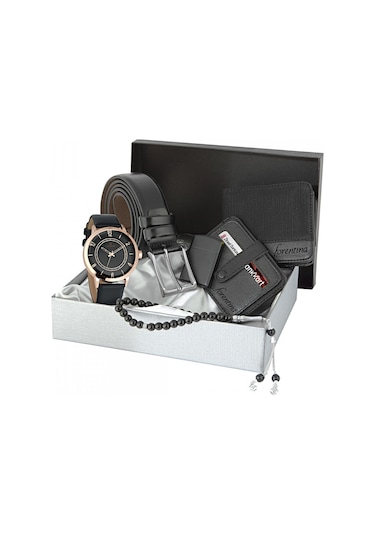 Forentina Siyah Kemer Cüzdan Kartvizit Saat Çakmak Kombin Set Ps