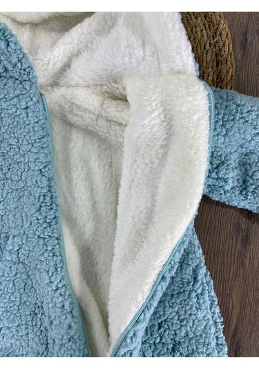 Çift Kat Wellsoft Kürklü Tavşan Kulak Unisex Kışlık Bebek Tulum Mavi