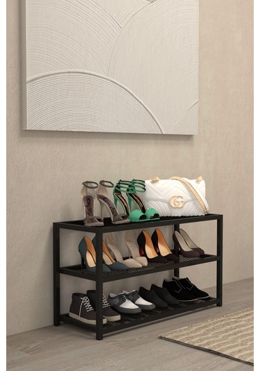 Aju Ayakkabılık Geniş Metal Modern Tasarım 3 Katlı Ayakkabı Rafı Dolabı Açık Vestiyer Siyah