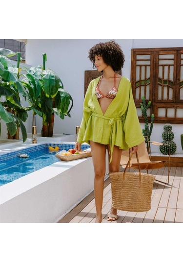 Miespiga Pamuklu Dokuma Beli Kuşaklı Mini Kadın Kimono Kaftan - Standart Yeşil