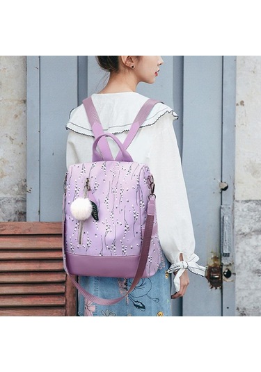 Haki Yogodlns Yeni Baskı Çiçek Sırt Çantası Kadınlar Için Moda Tüy Topu Sırt Çantası Büyük Kapasiteli Öğrenci Okul Çantalarını Rahat Seyahat Çantası Haki