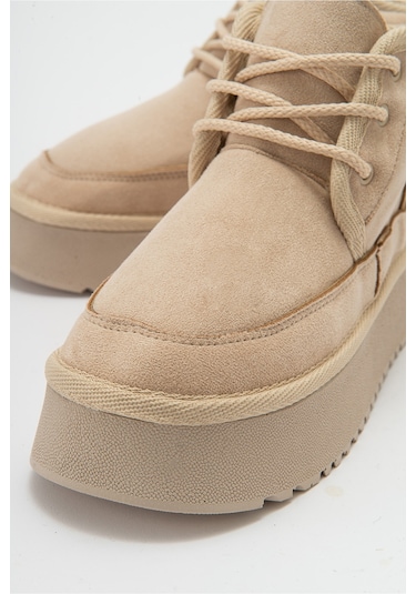 Luvishoes Ovela Bej Kalın Taban Bağcıklı Kadın Spor Bot Bej