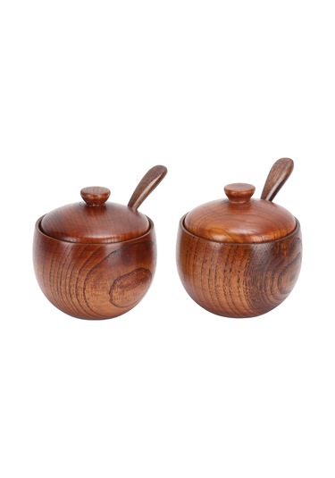 Japon Baharat Kavanozları 2'li Retro Ahşap Baharat Kabı Kapaklı Ve Kaşıklı Mutfak Saklama Kabı -