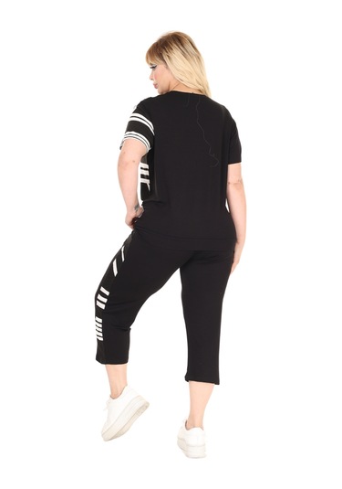 Melsay Butik Siyah Kısa Kol Yarım Çizgi Garnili Viskon Kapri Takım Siyah