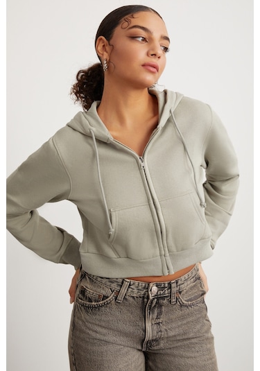 Delıa Kadın Crop 3 Iplik Şardonlu Örme Relaxed Fit Fermuarlı Kapüşonlu Çağla Yeşili Sweatshirt