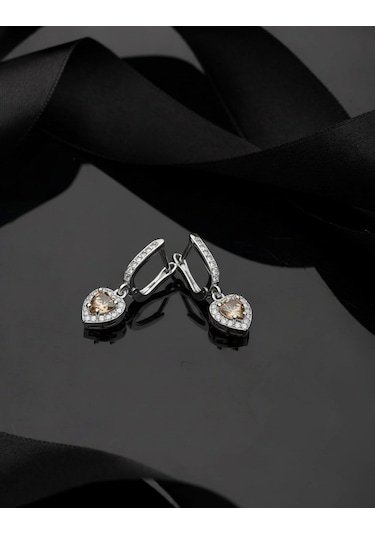 925 Ayar Sitrin Taşlı Rodyum Pırlanta Işıltılı Sallantılı Kalp Gümüş Küpe Gümüş