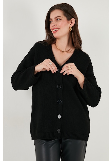 Lela Regular Fit V Yaka Düğmeli Triko Bayan Hırka 4616229 Siyah