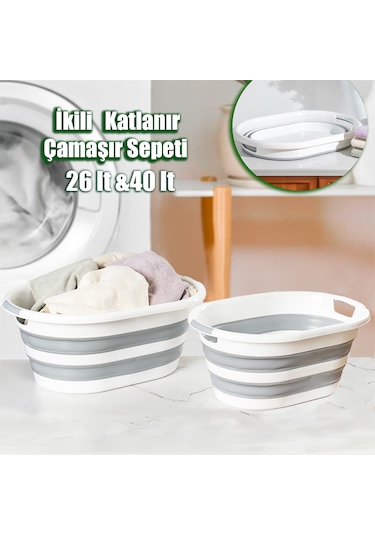 Porsima La-550 2 Li Katlanabilir Silikon Çamaşır Sepeti 40-26 Lt Beyaz - Gri