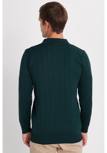 Erkek Slim Fit Dar Kesim Uzun Kol Polo Yaka Çizgili Yeşil Kazak-35795 Yeşil