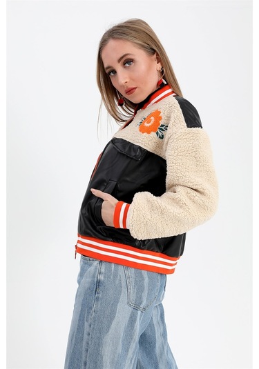 Beli Lastikli Nakışlı Derili Peluş Ceket Mont - Siyah-siyah Siyah