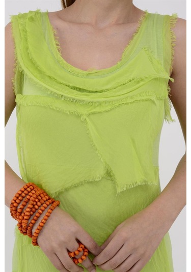 Italyan 2 Beden İnce Gösteren Kat Kat Kolsuz Ipek Elbise Neon Yeşil