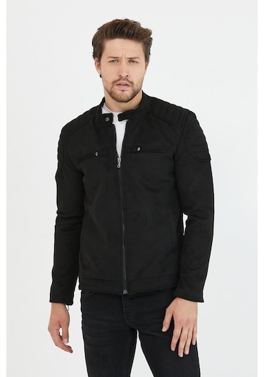 Erkek Siyah Dar Kesim Süet Ceket Mont-Siyah