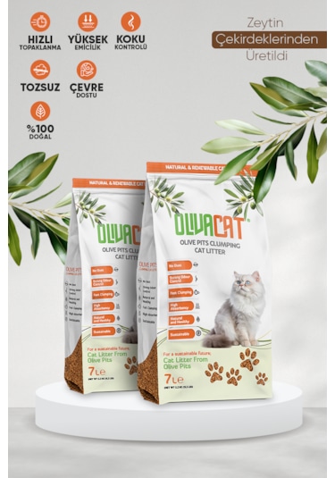 Olivacat Zeytin Çekirdeğinden Üretilen Doğal Tozsuz Kedi Kumu 2 x 7 L