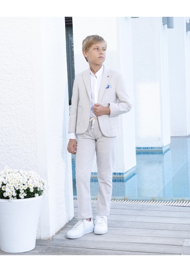 Erkek Çocuk Takım Elbise 3'lü Spor Takım Ceket-pantolon-gömlek 3-14 Yaş Bej