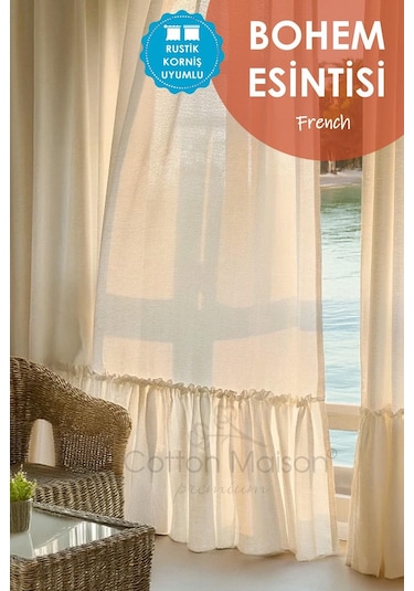 Naturel Bohem French Stil Fırfırlı Perde Krem
