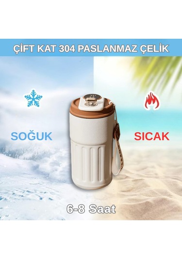 Akıllı Led Sıcaklık Göstergeli Çelik Termos/mug-400 Ml Krem