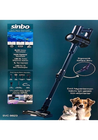 Sinbo SVC-8623 Evcil Hayvan Bakım Setli Kablosuz Dikey LED Aydınlatmalı Şarjlı Süpürge
