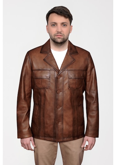 Derije Gomez Hakiki Deri Erkek Taba Punto Dikiş Detaylı Ceket-Mont