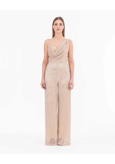 Degaje Yaka Tam Boy Askılı Abiye Tulum-gold Gold