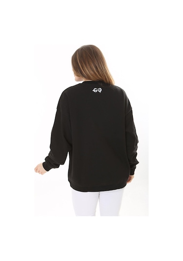 Kadın Büyük Beden Siyah Pamuk Kumaş Nakış Yazılı Sweatshirt 65n37616-siyah Siyah