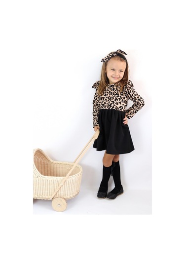 Kız Çocuk Leopar Desenli Uzun Kollu Fırfırlı Elbise Bandana Takım Elb-0059 Siyah