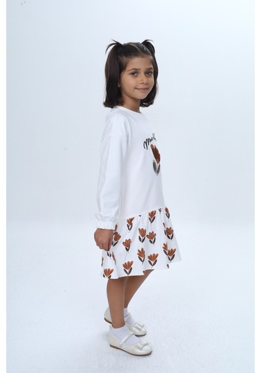 Toontoy Kız Çocuk Süzene Nakışlı Lale Baskılı Elbise Ekru