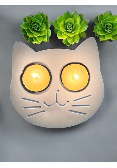 Mavi Kedi Şekilli Beton Mumluk - El Yapımı Dekoratif Çay Işığı Tealight Mumluk - Minimalist Kedi Tem Mavi