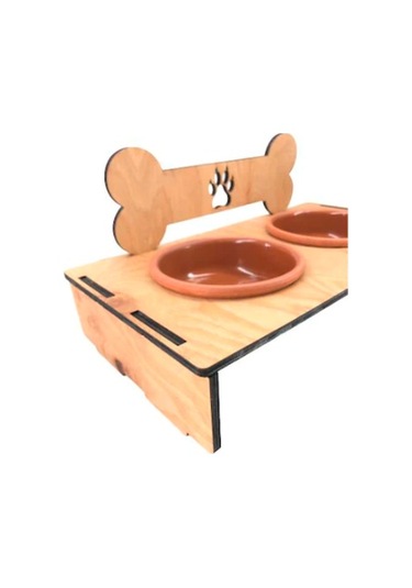Ahşap Standlı 2'li Seramik Köpek Mama ve Su Kabı