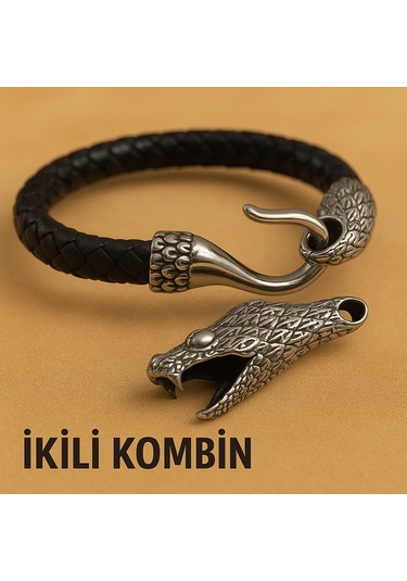 Sevgiliye Hediye Erkek Takı Seti İkili Kombin Deri Bileklik Ve Yılan Başlı Çelik Kolye Çelik