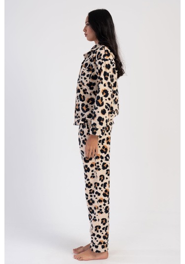 Kadın Uzun Kol Polar Önden Düğmeli Leopar Bej Pijama Takım C7t6n0o304 001