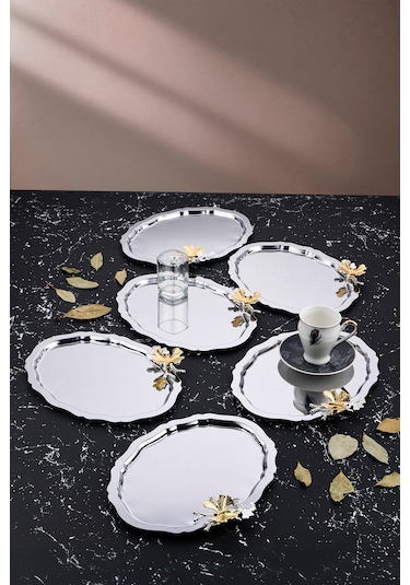 6 Adet Oval Kelebek Aksesuarlı Kahve-çay Servis Ve Sunum Tepsisi