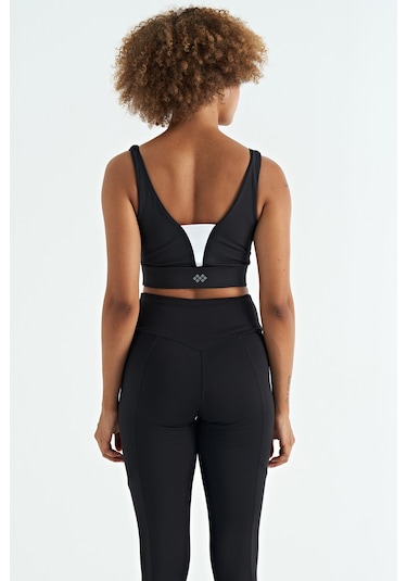 Tommy Life Siyah - Beyaz Yazı Baskılı Renk Bloklu Dar Kalıp Dalgıç Kumaş Kadın Büstiyer - 97271 Siyah - Beyaz