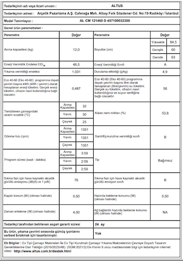 Altus AL CM 121460 D 1400 Devir 12 KG Çamaşır Makinesi