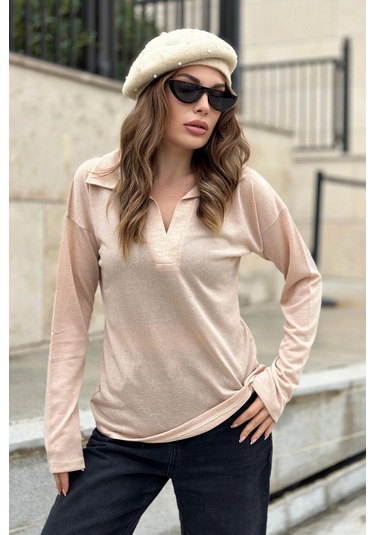 Kadın Bej Basic Stil Polo Yaka Uzun Kollu Keten Bluz Sweatshirt Bej
