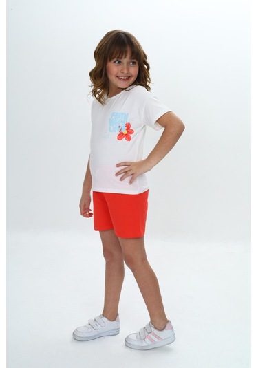 Toontoy Kız Çocuk Göğsü Çiçek Yazı Baskılı Şortlu Takım Narçiçeği