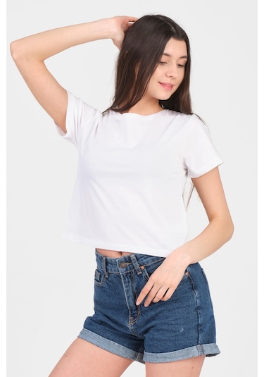 As Collection Beyaz Bisiklet Yaka Kısa Kol Örme Kadın Crop Beyaz