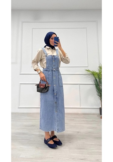 Etekli Salopet Enzim Süper Taş Yıkama Buz Mavi D 2521 Mavi