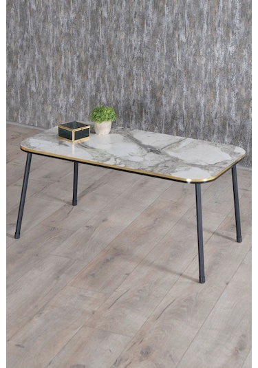 Orta Sehpa Kr Siyah Tel Ayak Çift Altın Bendir Siyah Mermer Desen