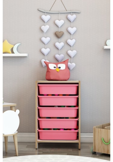 5 Sepetli Çok Amaçlı Oyuncak Dolabı Mdf Pembe Pembe