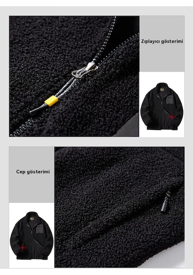 Erkek Sonbahar Ve Kış Kuzu Derisi Kalın Polar Ceket Siyah