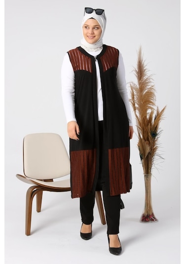 Kadin Buyuk Beden Transparan Taşlı Uzun Yelek 001