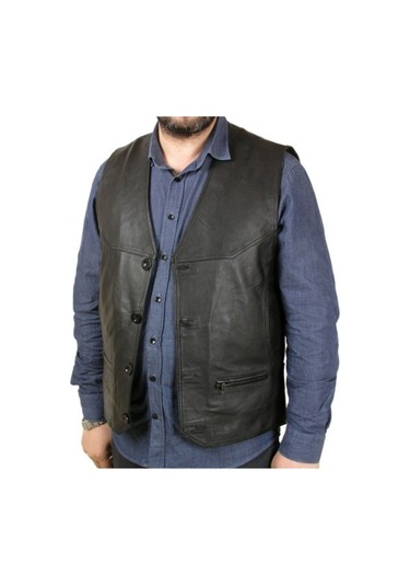 Hakiki Deri Siyah Oscar Düğmeli Erkek Deri Yelek Siyah