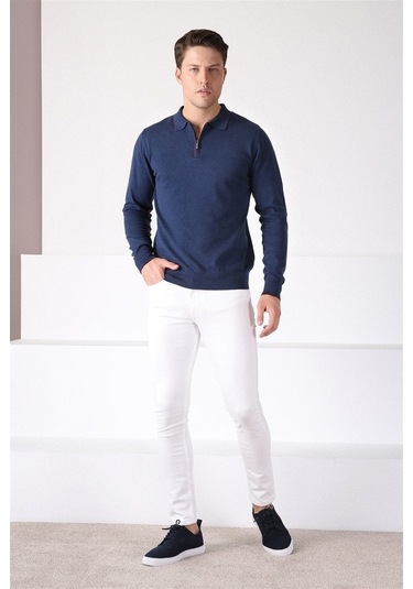 Ferraro Lacivert Polo Yaka Fermuarlı Erkek Pamuk Kazak Lacivert