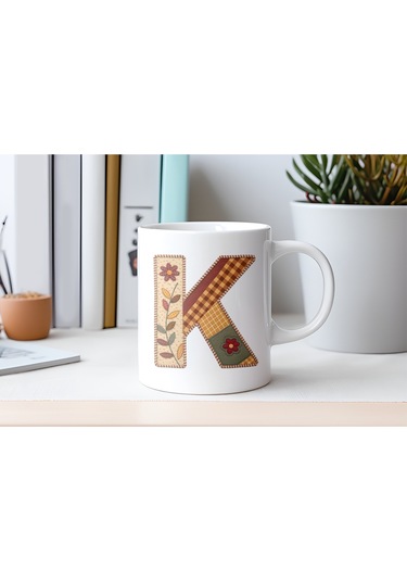 K Harfi Sonbahar Kış Temalı Yamalı Tasarım Kupa Bardak - Etnik Ve Pathwork Severlere Özel Hediye Beyaz